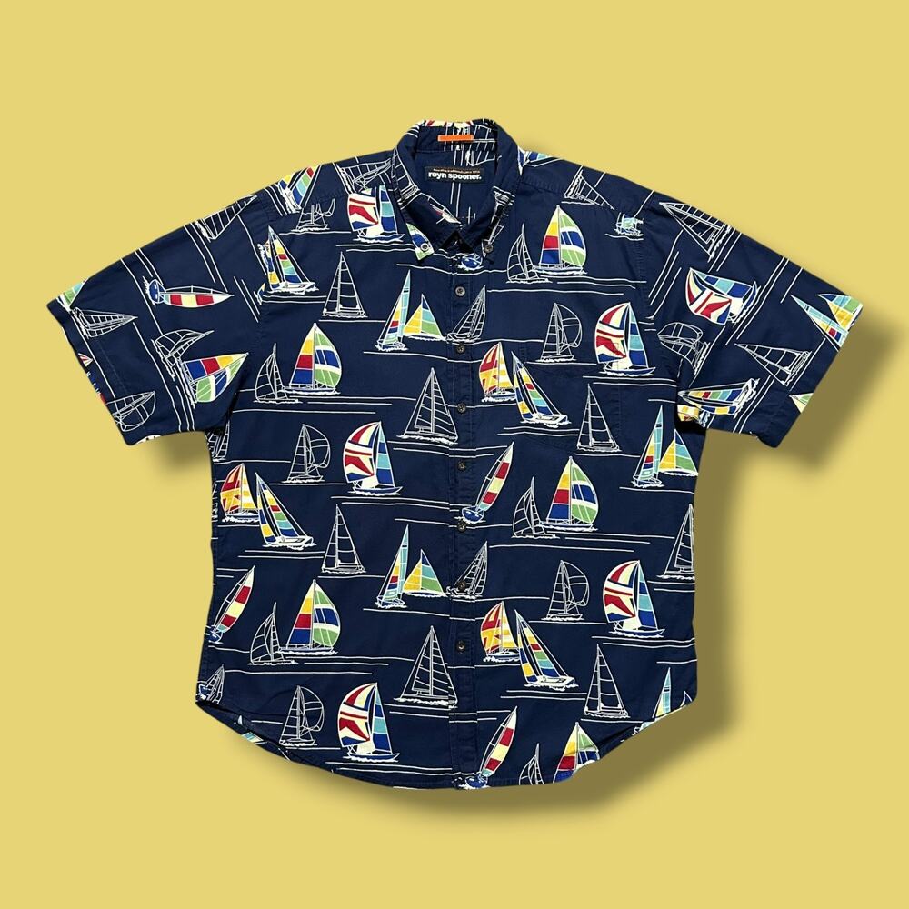 Reyn Spooner Hawaiian Shirt Sailboat All Over Print Cotton Button Down Blue XL